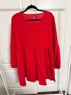 Lock&Love Red V-Neck Tiered Long-Sleeve Dress